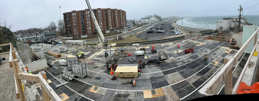Panoramic shot of building construction on water